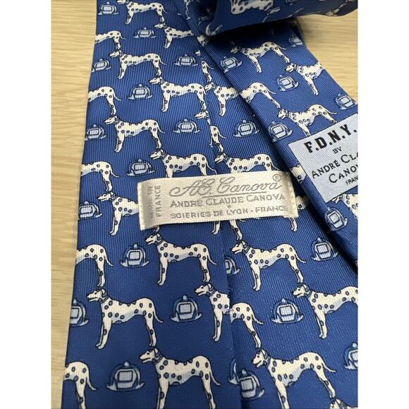 Andre Claude Canova FDNY Mens Neck Tie Blue Dog Design Made in France - Picture 5 of 6